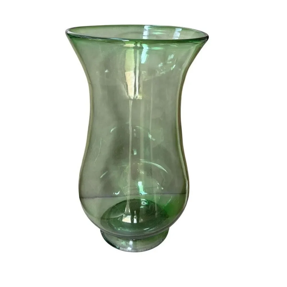 Heavy green hand blown glass vase 16” tall footed